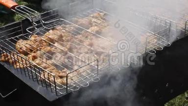 鸡肉在烤架上煎煮。
