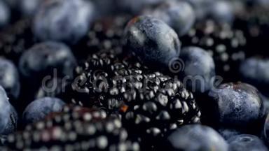 多莉视频，许多黑莓和蓝莓躺在桌子上。 有机食品的完美抽象背景