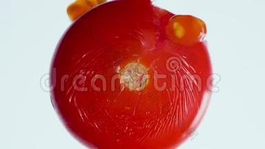 宏4k视频压榨和粉碎成熟<strong>红番茄</strong>在白色背景。 有机食品的完美抽象背景
