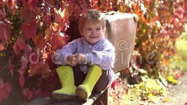 孩子们在秋天户外玩得很开心。 秋天的孩子。 可爱的户外儿童肖像在秋天。 在秋天公园等着。 可爱的儿童