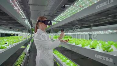 科学家说，一个穿着<strong>白色浴袍</strong>的女人使用太阳镜真的是一个虚拟农场，里面有水培来灌溉