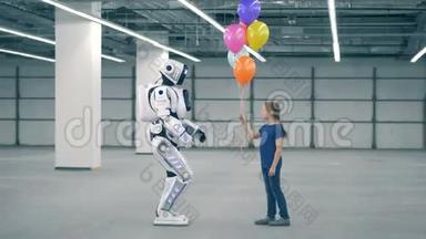 小女孩把气球送给机器人，侧视。 <strong>学校</strong>孩子，教育，科学课的<strong>理念</strong>..