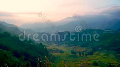 亚洲农场雾蒙迪农业绿地景观4K亚山景观。 越南绿黄环境生态
