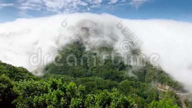 从高山峰上飞来飞去的云的4k视频，上面长满了丛林森林。 完美的背景或