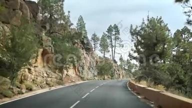 4kPOV视频驾驶汽车在陡峭的道路上，在高山上急转弯穿过松林