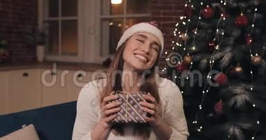 活泼的社交微笑迷人的年轻女人坐在圣诞节的家背景。 一个爱聊天的女孩