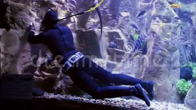专业潜水员在动物园用刷子清洗珊瑚和墙壁的4k视频