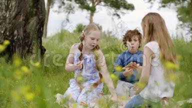 <strong>夏季</strong>野餐时，无忧无虑的青少年在绿色草坪上吃披萨。 十几岁的女孩和<strong>男</strong>孩在夏天吃披萨
