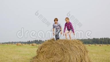 在村庄的收割场上嬉戏的女孩和男孩在干草堆上跳跃。 快乐的青少年在干草堆上跳跃