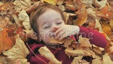 孩子们在公园里玩耍，向一个<strong>微笑</strong>的男孩扔黄色的秋叶，一个快乐的<strong>婴儿躺</strong>在秋叶里，快乐