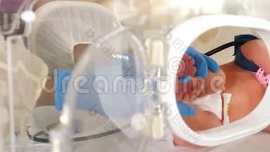 无法辨认的新生儿早产婴儿在孵化器。 医生在一个城市的复苏部门抱着婴儿的脚