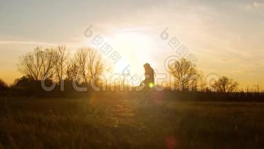 日落时分，一个女孩在公园里和一只狗玩耍的剪影。 女<strong>主人</strong>带着宠物走。 快乐的女人