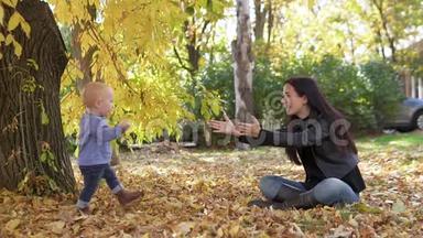 小可爱的一岁<strong>小朋友</strong>，走到妈妈身边，在秋天的公园里，映衬着一片片落叶.. 慢慢