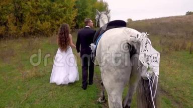 刚结婚的新娘和新郎牵着手走。 领头的马。 关门