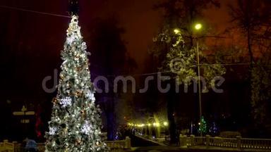 一棵户外的圣诞树，在晚上<strong>装饰</strong>着<strong>彩灯</strong>的房子前