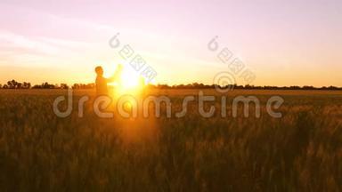 日落时分，幸福的<strong>爸爸妈妈</strong>和孩子在一片麦田里的剪影。 农民和家庭在田野上。 一个孩子
