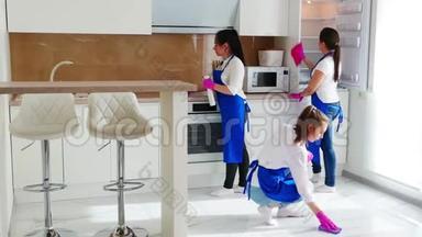 仔细<strong>清理厨房</strong>橱柜.. 用粉红色手套擦拭污渍，以便清洗。 专业清洁。