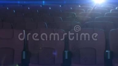 电影院大厅里一排排红色的椅子，背景上闪烁着电影放映机灯。 红色座椅的三维动画