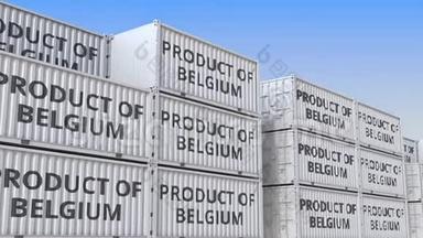 带有比利时文本产品的货物集装箱。 比利时<strong>进出口</strong>相关可循环3D动画