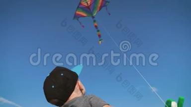阳光明媚的一天，快乐的小<strong>男</strong>孩在草地上玩风筝。 <strong>夏季</strong>概念。