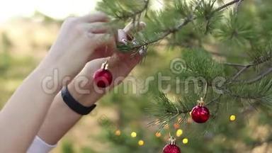 用红球装饰圣诞树，年轻女孩装饰圣诞树。 圣诞节的概念。