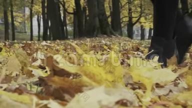 一个女人在秋天的公园里慢慢地走在落叶上。 落叶开始了