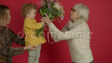 给戴眼镜的老奶奶送花的小孩