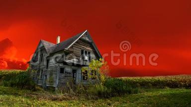 万圣节鬼屋，可怕的家，红色的天空