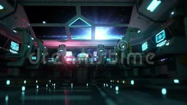 太空船未来主义的内部。 从驾驶室可以看到日出。 银河旅行概念。