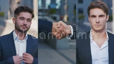 肖像拼贴自信的商人互相握手。 握手和成功的商业交易理念