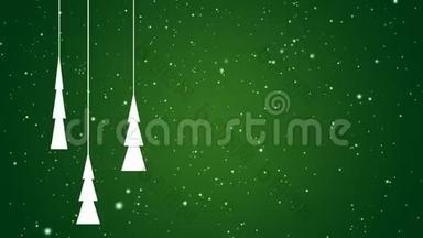 白色抽象的圣诞杉树慢慢地旋转，在<strong>绿色渐变</strong>的雪背景下飘落下来-圣诞节、冬天或新的