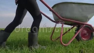 农民女孩红脖子生活方式工作在田间与花园手推车在橡胶靴。 农民生态农业