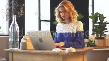 年轻的自由职业者游戏玩家欧洲可爱的女孩使用她的笔记本电脑在阁楼舒适的工作空间概念画像