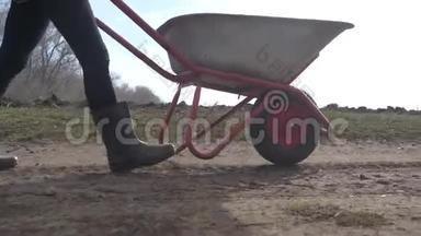 农夫女孩红脖子在泥土里工作，穿着橡胶靴的花园手推车。 农民<strong>生态农业</strong>