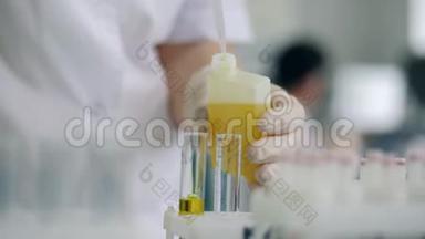 一名实验室工作人员使用吸管将液体滴入管子。
