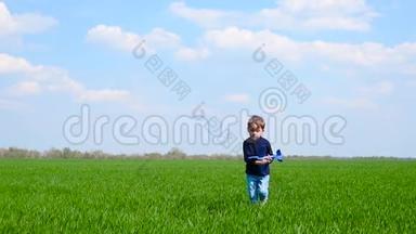 一个快乐的孩子拿起一架玩具飞机，穿过绿色的草坪，发射飞机