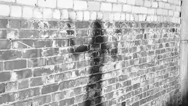 日落时，一个年轻女孩在一堵肮脏的砖墙附近跳舞的影子<strong>剪影</strong>。 <strong>黑白</strong>视频.. 慢动作