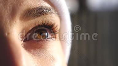 棕色眼睛的女人脸上的细节视图欣赏美丽的冬天景色。 漂亮的棕色眼睛女孩眨着眼睛