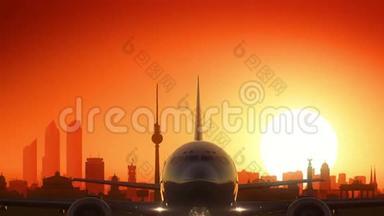 柏林德国<strong>飞机</strong>起飞后在空中金色背景