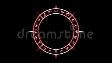 白色神秘的圆圈与神秘的<strong>符号</strong>闪烁和扭曲的红色发光在无缝的<strong>循环</strong>