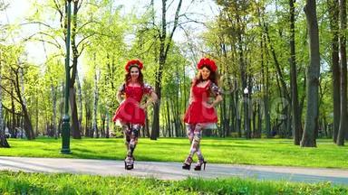 在公园里穿着民俗服装和花圈的漂亮女舞者