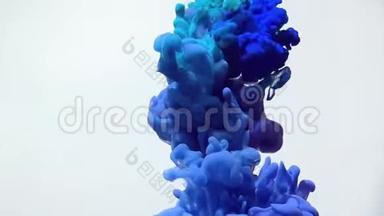 时尚的慢动作视频，蓝色和<strong>紫色水</strong>彩油墨在<strong>水</strong>中旋转美丽。