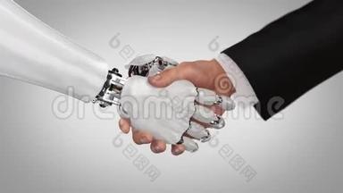 机器人和人握手。 美丽的现实3d动画上的绿色背景与通过的深度领域。 4K