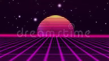复古未来80年代VHS磁带视频游戏介绍景观。 日出和星星飞过霓虹灯。 街机