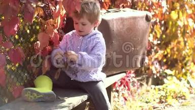 落叶。 可爱的孩子坐在公园里秋天的落叶上。 孩子们在秋天公园玩。 可爱的快乐宝贝