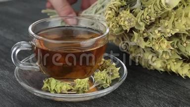 一大堆山茶马洛提拉和杯子与温暖的茶。 希腊传统草药。 木制b杯透明杯希腊山茶
