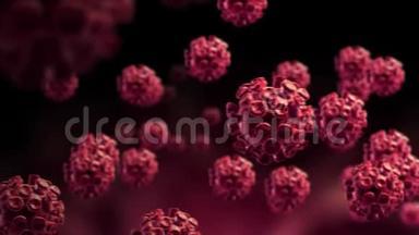 冠状病毒2019-nCOV与红色血液在黑暗背景。 3D传染病毒图为<strong>医疗卫生</strong>服务