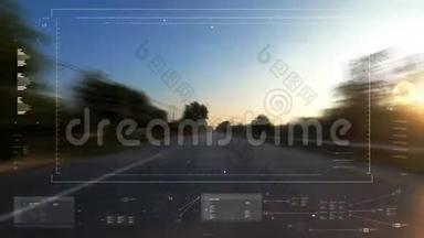 司机视角时间推移运动模糊向前行驶，乡间小路之间，与技术HUD用户接口