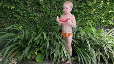 男孩夏天在院子里吃西瓜。 小孩在度假时吃水果