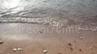 海边有波浪的沙滩。太阳在水中反射。沙滩上的沙子。前景是海浪。c上有泡沫的波浪